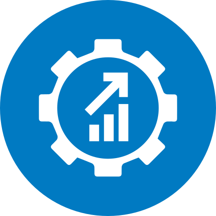 Illustrated icon of an upwards arrow above a bar graph inside of a gear"